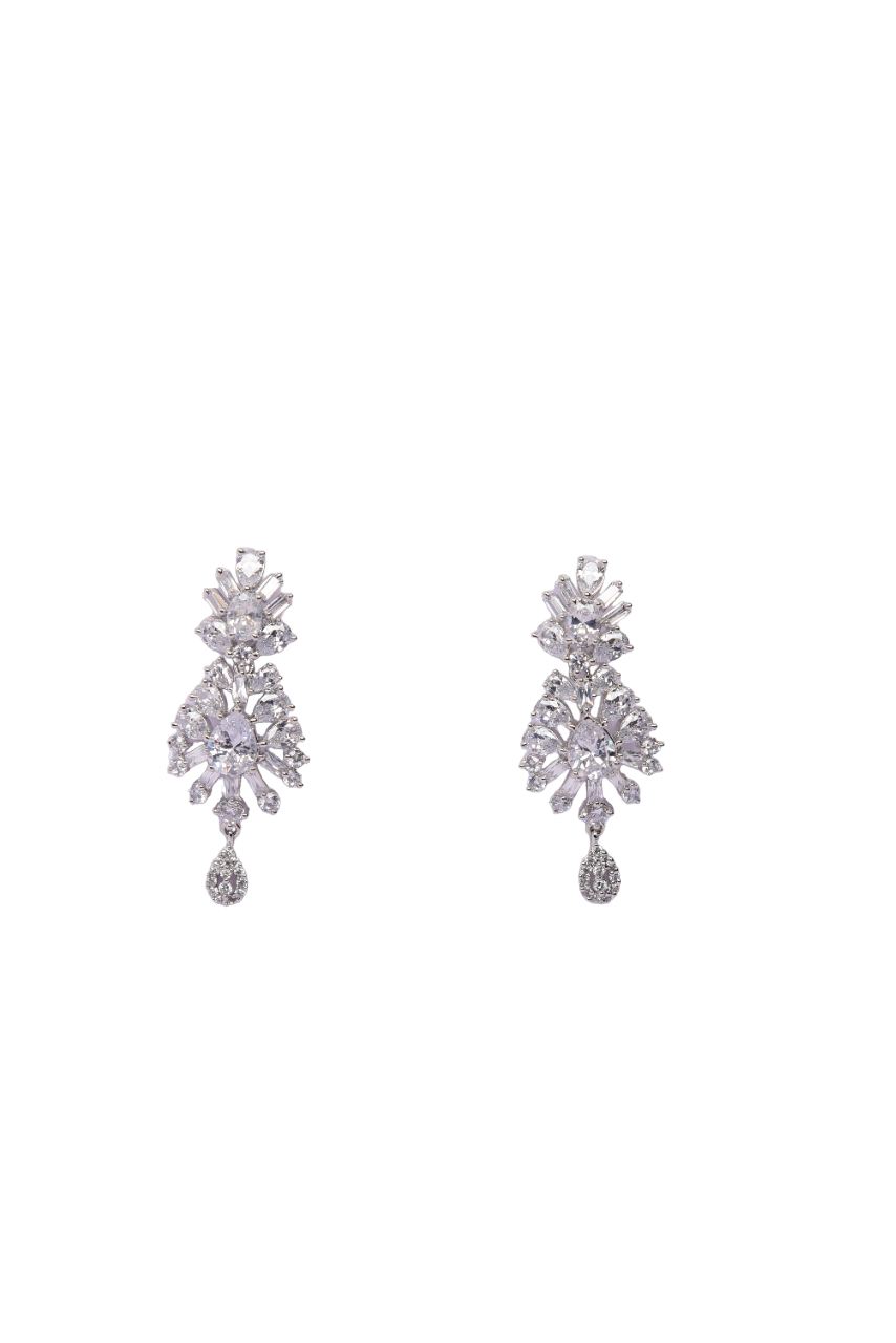 Dazzle with Floral Charm: Sterling Silver Rhodium-Plated White Ruby Teardrop Earrings